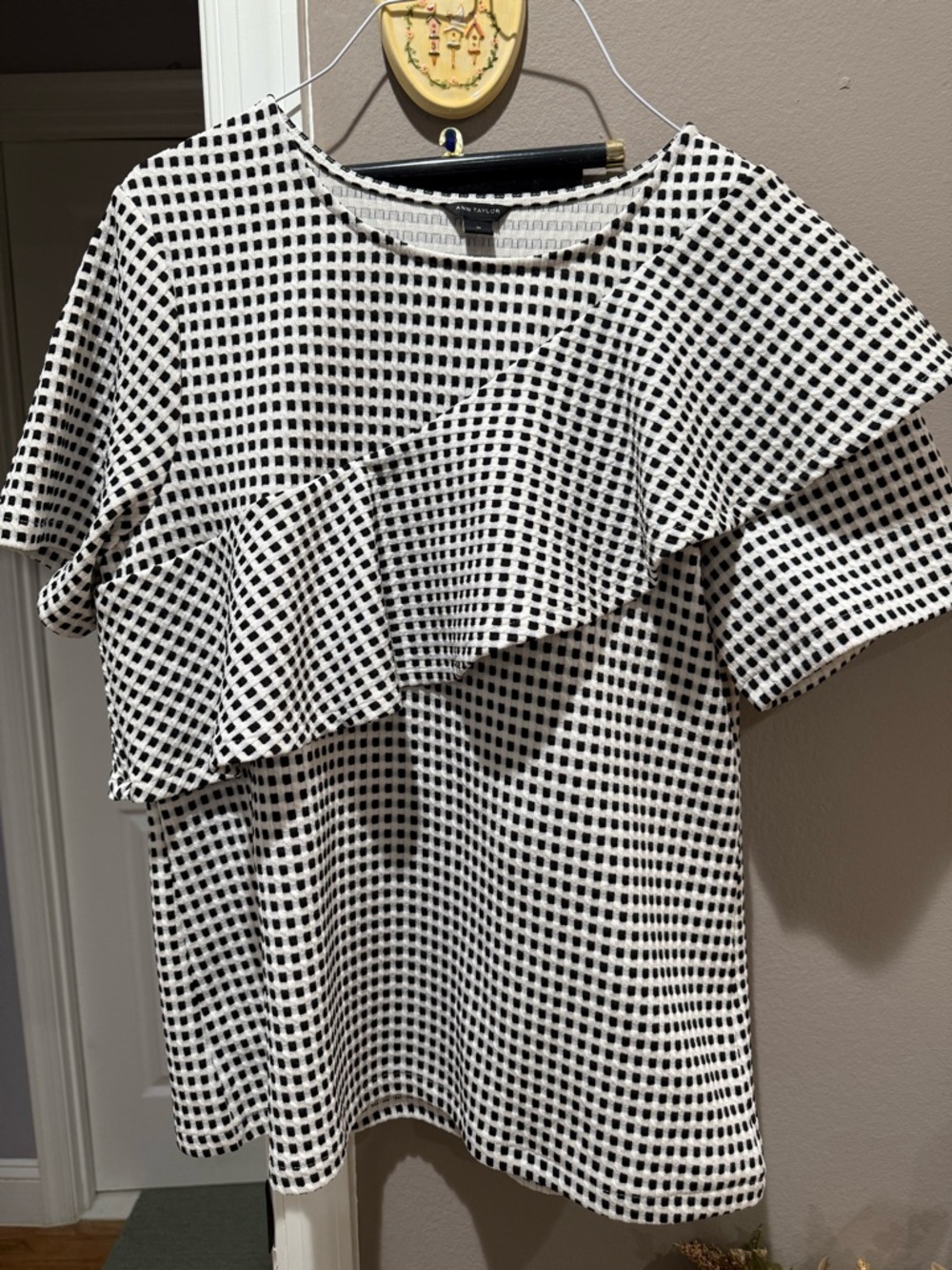 Ann Taylor Black and White Gingham Ruffle Top